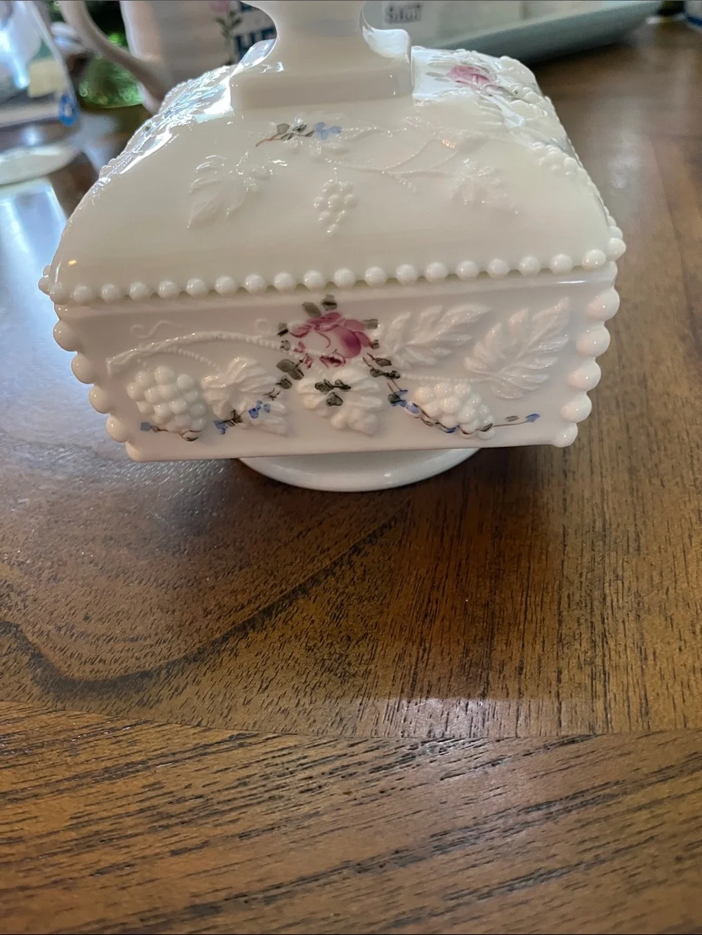 Westmoreland White VintageMilk Glass Wedding Box with Pink Rose and Green Leaves